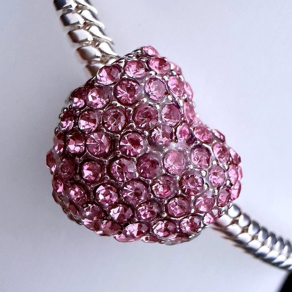 Pandora-like Silver Bead Charm Fits Snake Chain Bracelet Pink Pave Heart Crystal